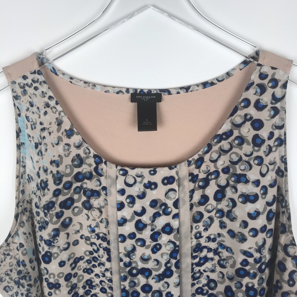 Ann Taylor Sleeveless Blue Pleated Dot Print Blouse Tank Top XL - Picture 3 of 8